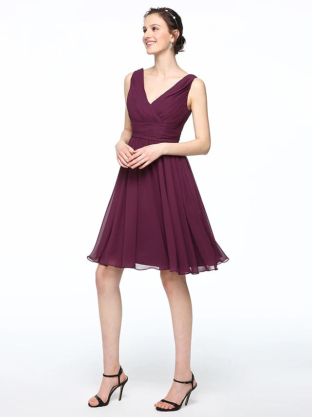 A-Line Bridesmaid Dress V Neck Sleeveless Elegant Short / Mini Chiffon with Pleats Pure Color