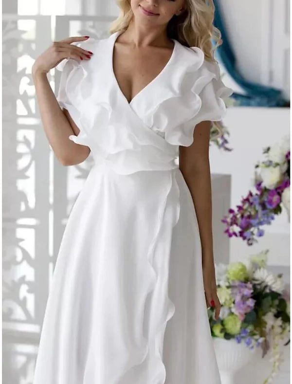 A-Line Simple Wedding Dress Little White Dress Elegant High Low V Neck Plus Size Asymmetrical Chiffon Short Sleeve with Ruffles Split