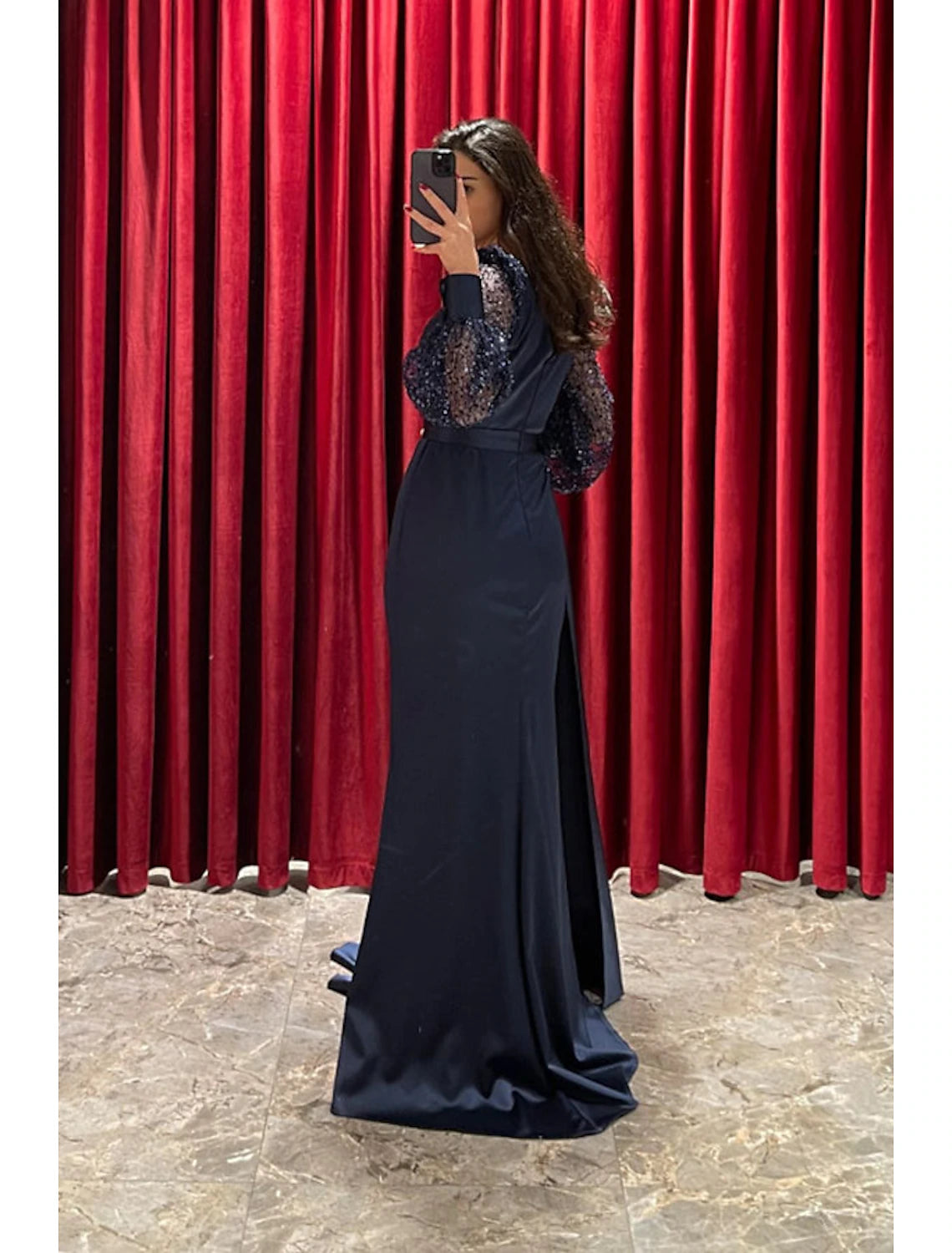 A-Line Evening Gown Sparkle & Shine Dress Formal Fall Sweep / Brush Train Long Sleeve V Neck Sequined with Glitter