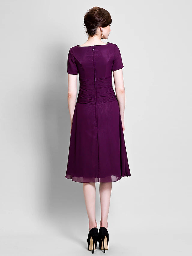 A-Line Mother of the Bride Dress Cowl Neck Tea Length Chiffon Short Sleeve with Ruched Side