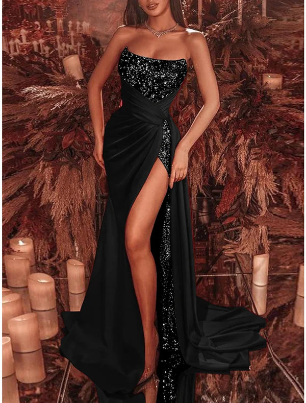 Sheath Black Dress Evening Gown Celebrity Style Dress Formal Court Train Sleeveless Strapless Sequined with Slit