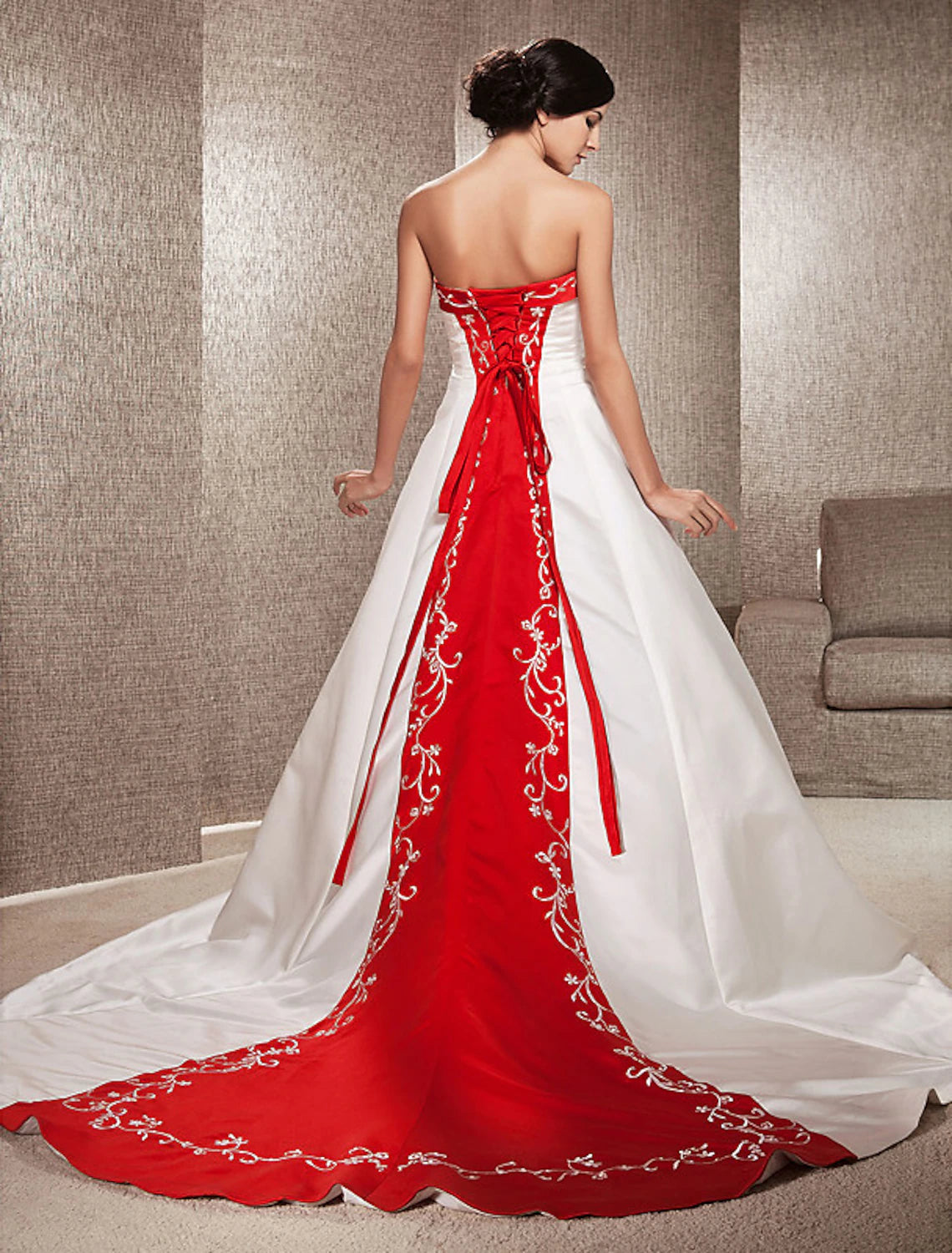 Open Back Wedding Dresses Sweep / Brush Train Ball Gown Strapless Strapless Satin With Embroidery