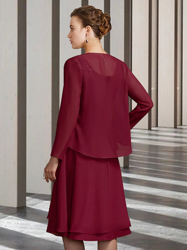 Two Piece Sheath / Column Mother of the Bride Dress Church Elegant Scoop Neck Knee Length Chiffon Lace Long Sleeve with Ruffles