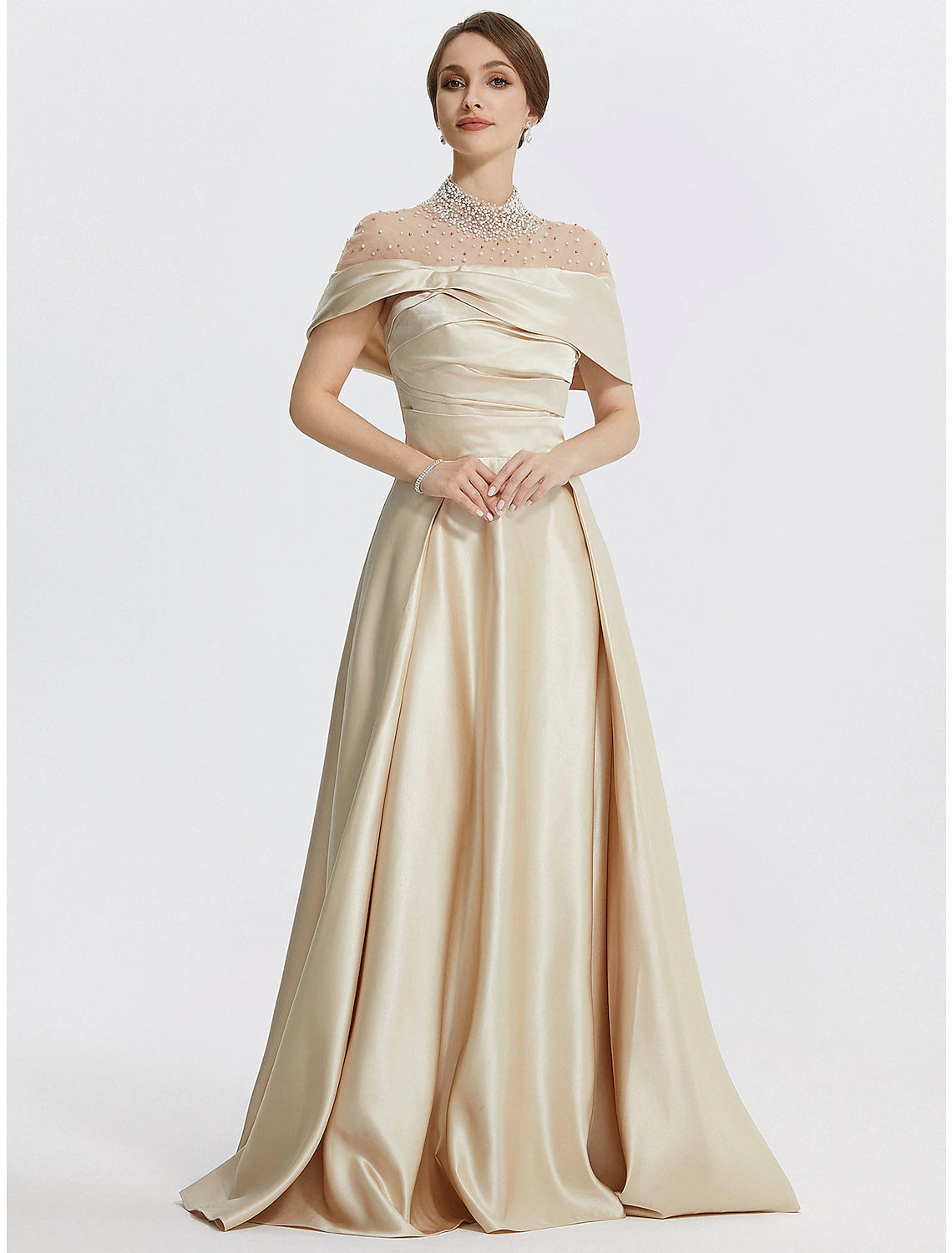 A-Line Evening Gown Elegant Dress Formal Prom Floor Length Sleeveless High Neck Italy Satin with Ruched
