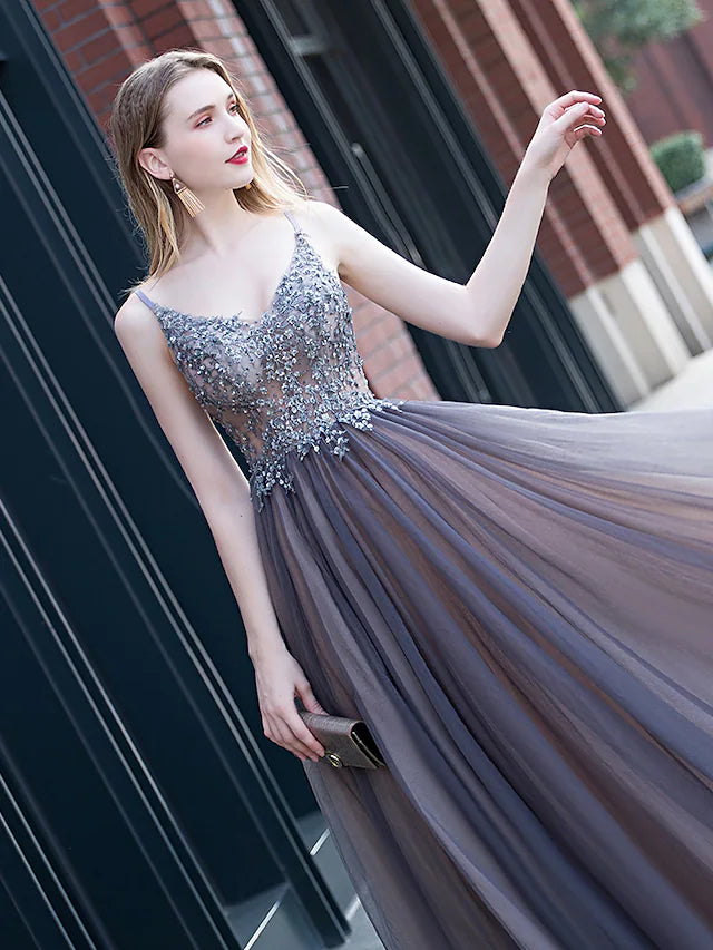 A-Line Minimalist Elegant Party Wear Prom Dress V Neck Sleeveless Floor Length Tulle with Pleats