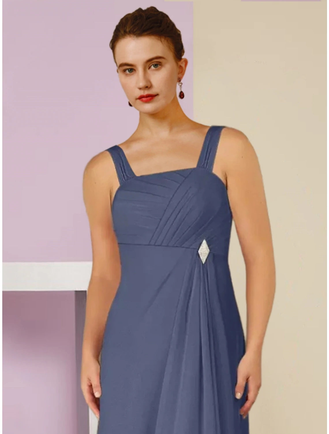 A-Line Mother of the Bride Dress Wedding Guest Elegant Square Neck Ankle Length Chiffon Long Sleeve with Crystal Brooch