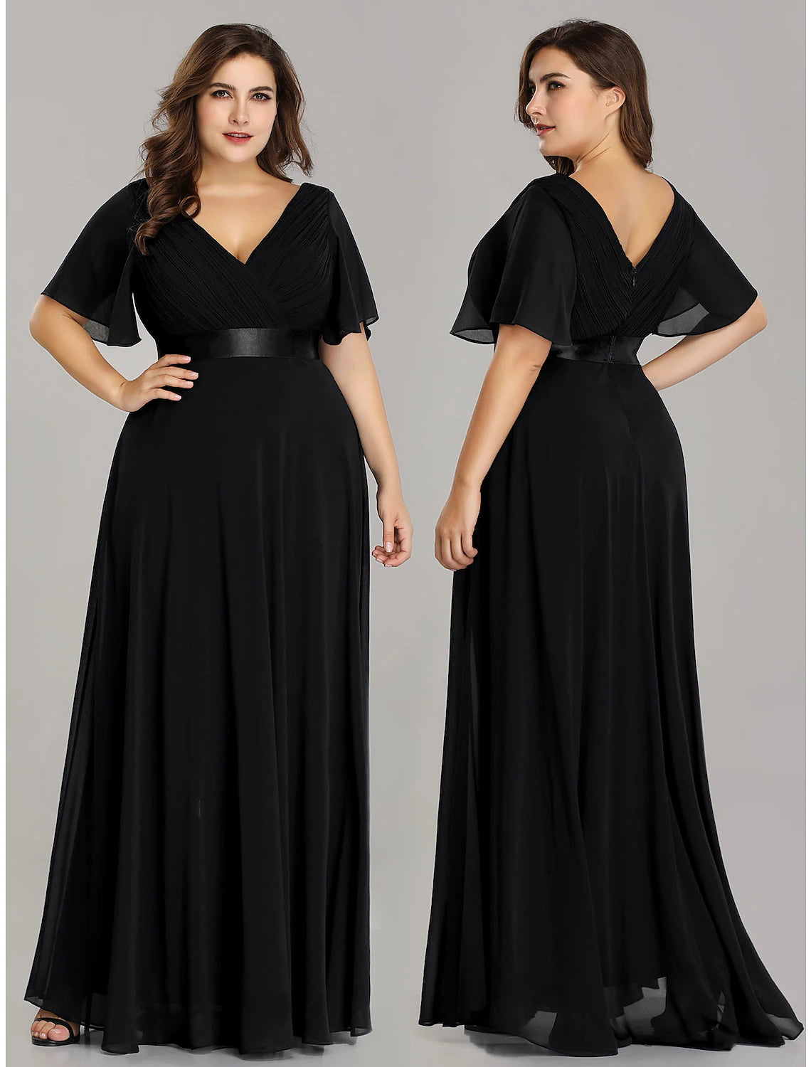 A-Line Empire Fall Wedding Guest Dress For Bridesmaid Plus Size Formal Evening Dress V Neck Short Sleeve Floor Length Chiffon