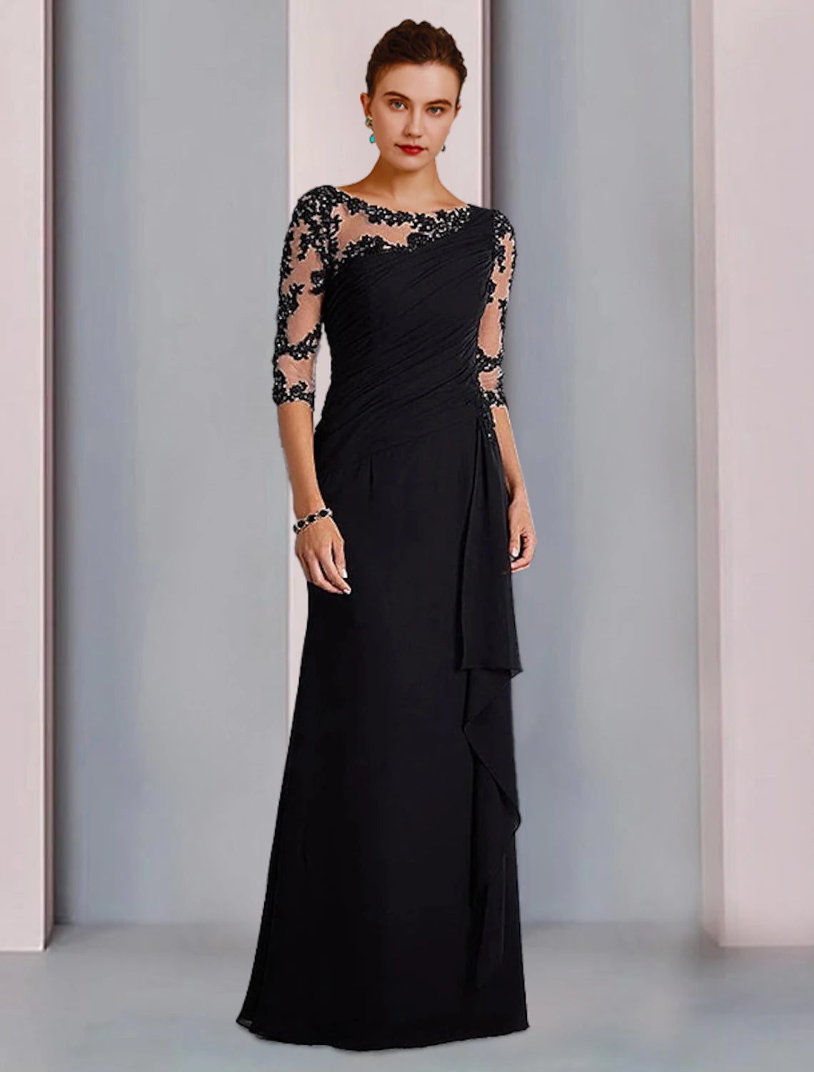 Sheath / Column Mother of the Bride Dress Formal Fall Wedding Guest Dresses Elegant Jewel Neck Floor Length Chiffon Lace 3/4 Length Sleeve