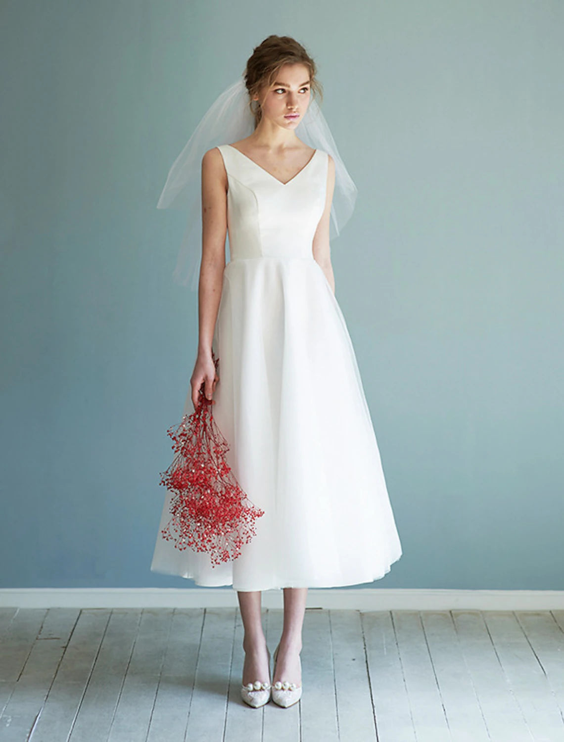Reception Little White Dresses Wedding Dresses A-Line V Neck Sleeveless Tea Length Satin Bridal Gowns