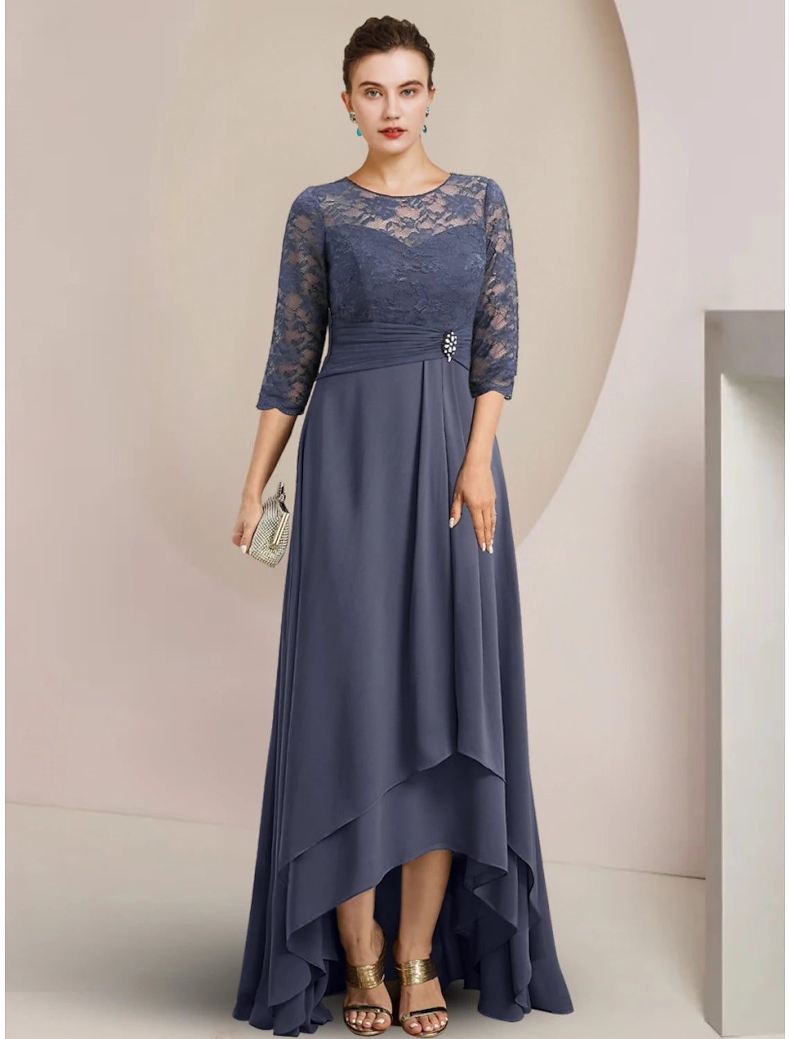 A-Line Mother of the Bride Dress Wedding Guest Elegant Jewel Neck Asymmetrical Chiffon Half Sleeve with Lace Crystal Brooch