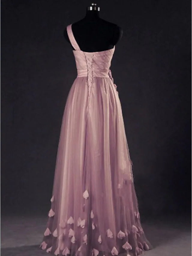 A-Line Prom Dresses Elegant Dress Wedding Guest Floor Length Sleeveless One Shoulder Tulle