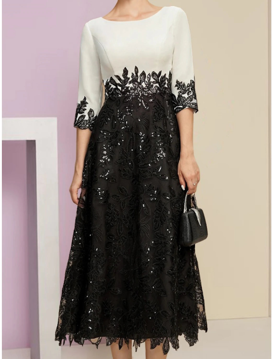 A-Line Mother of the Bride Dress Wedding Guest Elegant Scoop Neck Tea Length Stretch Chiffon Half Sleeve with Lace Sequin