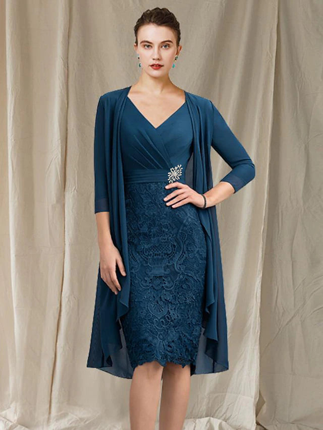 Two Piece Sheath / Column Mother of the Bride Dress Church Elegant V Neck Knee Length Chiffon Lace Half Sleeve Jacket Dresses with Appliques Crystal
