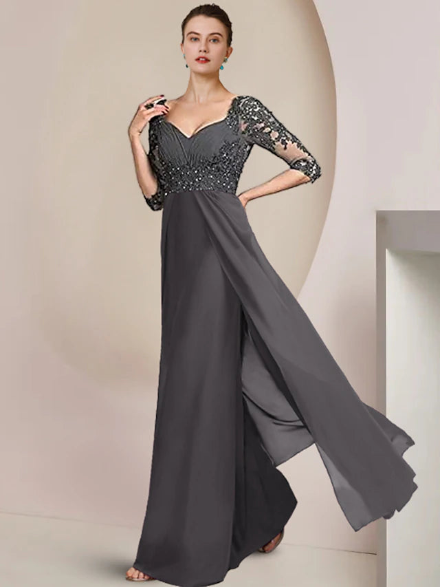 Sheath / Column Mother of the Bride Dress Formal Wedding Guest Elegant Square Neck Floor Length Chiffon Lace 3/4 Length Sleeve with Sequin Appliques