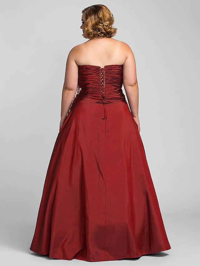 Ball Gown Plus Size Prom Formal Evening Dress Strapless Sleeveless Floor Length Taffeta with Beading=
