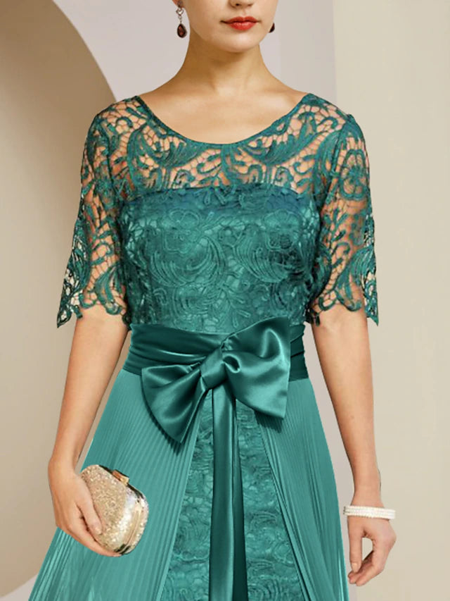 Two Piece Sheath / Column Mother of the Bride Dress Formal Wedding Guest Elegant detachable Scoop Neck Knee Length Chiffon Lace Sleeveless with Bow(s) Pleats