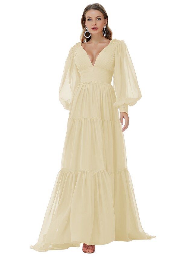 A-Line Evening Gown Sexy Dress Party Wear Sweep / Brush Train Long Sleeve V Neck Chiffon