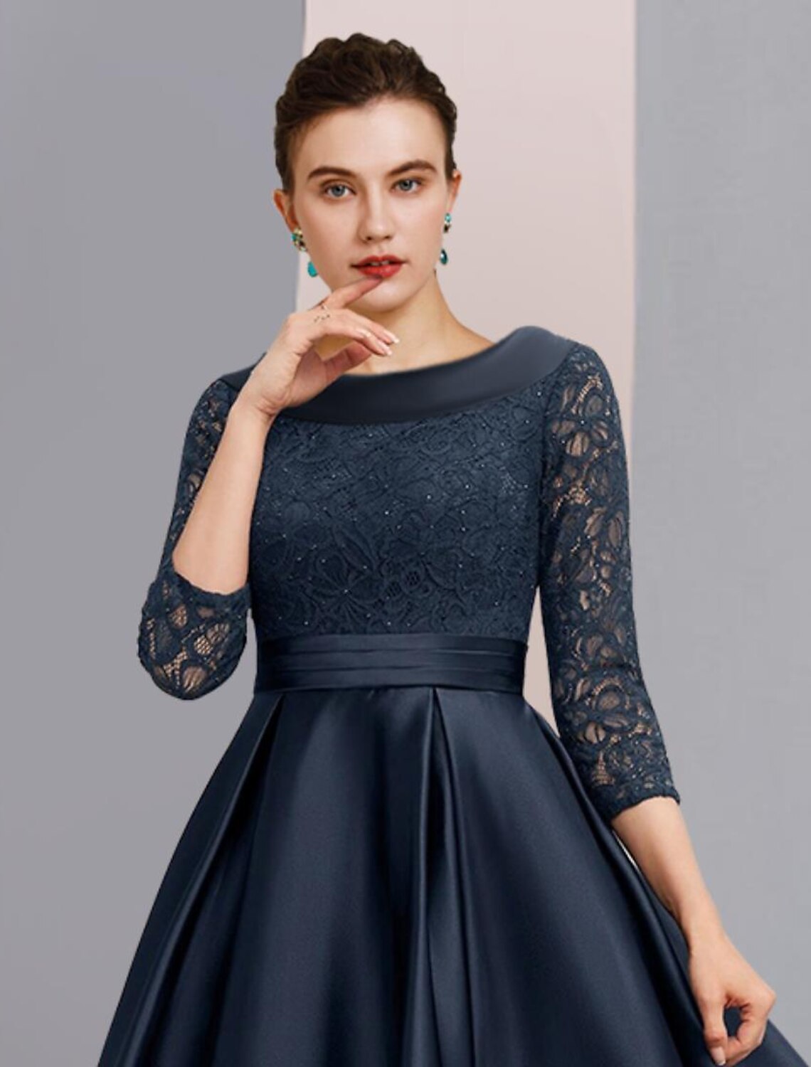 A-Line Mother of the Bride Dress Formal Wedding Guest Elegant Vintage Bateau Neck Ankle Length Satin Lace 3/4 Length Sleeve with Pleats