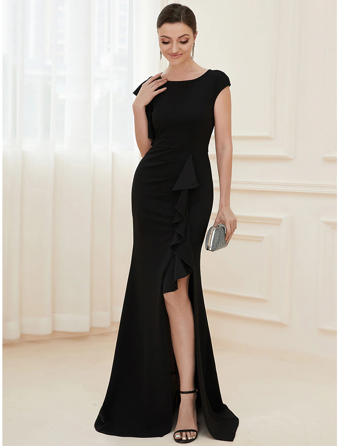 Mermaid / Trumpet Evening Gown Vintage Dress Formal Wedding Guest Floor Length Short Sleeve Jewel Neck Nylon