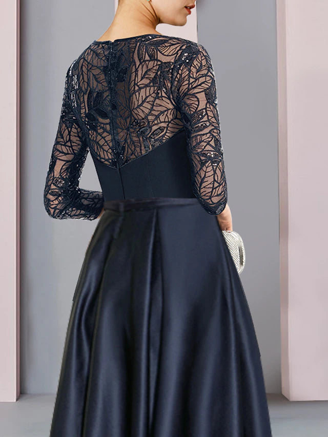A-Line Mother of the Bride Dress Wedding Guest Vintage Party Jewel Neck Asymmetrical Satin Lace Sequined Half Sleeve