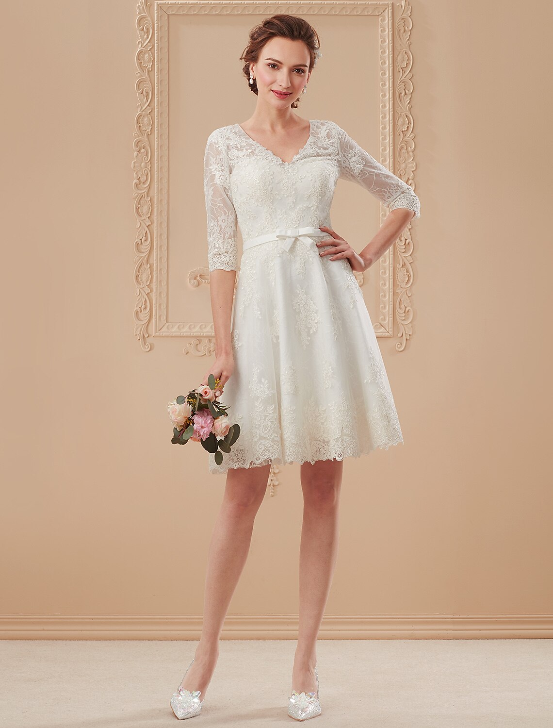 Little White Dresses Wedding Dresses Knee Length A-Line Half Sleeve V Neck Lace With Bowknot Sash