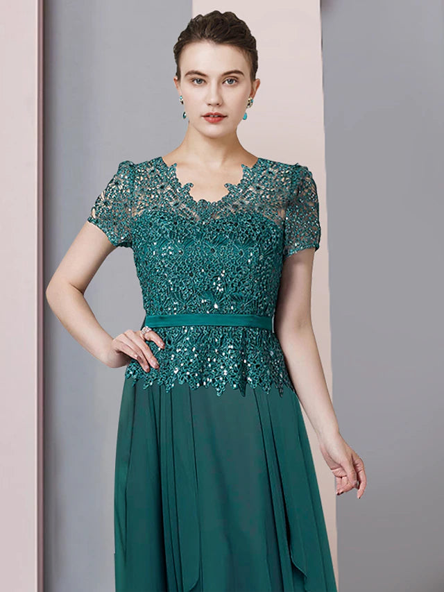 A-Line Mother of the Bride Dress Formal Party Sparkle & Shine Elegant V Neck Floor Length Chiffon Sequined Short Sleeve with Pleats
