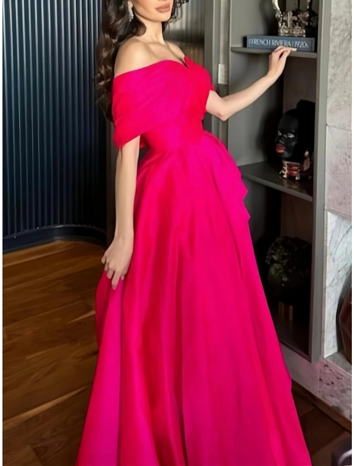 A-Line Evening Gown Elegant Dress Formal Floor Length Christmas Red Green Dress Short Sleeve Off Shoulder Satin