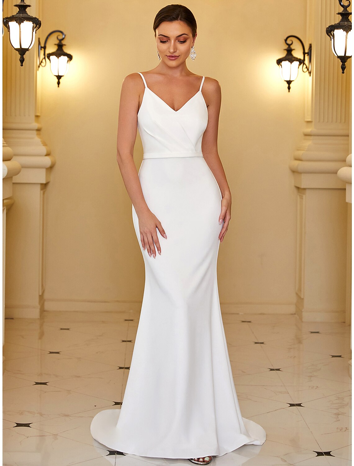 Reception Casual Wedding Dresses Mermaid / Trumpet Camisole V Neck Spaghetti Strap Sweep / Brush Train Stretch Fabric Bridal Gowns With Ruched
