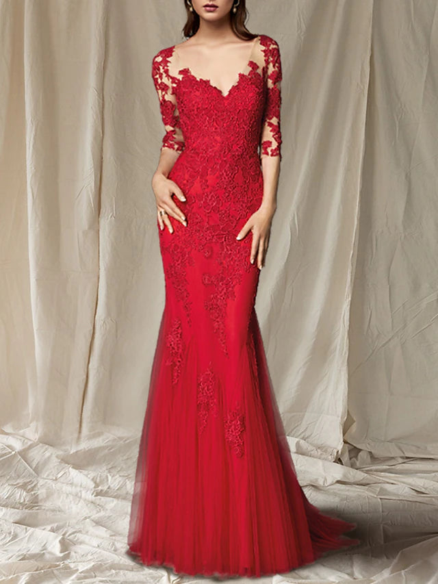 Mermaid / Trumpet Mother of the Bride Dress Luxurious Elegant V Neck Sweep / Brush Train Lace Tulle Half Sleeve with Pleats