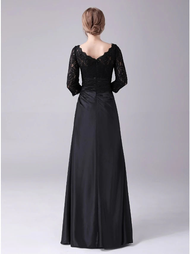 Mermaid / Trumpet Mother of the Bride Dress Plus Size Elegant Jewel Neck Floor Length Stretch Satin 3/4 Length Sleeve with Lace