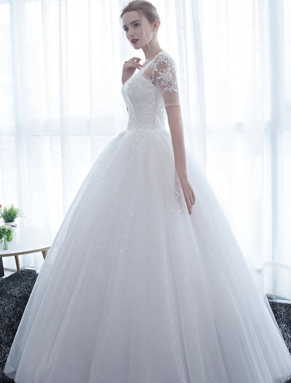 Reception Formal Wedding Dresses Ball Gown Illusion Neck Half Sleeve Floor Length Satin Bridal Gowns