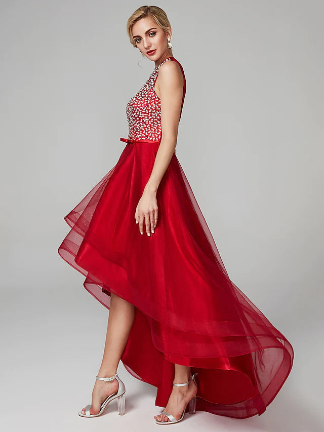 A-Line Sparkle & Shine Dress Wedding Guest Asymmetrical Sleeveless Jewel Neck Satin with Bow(s)