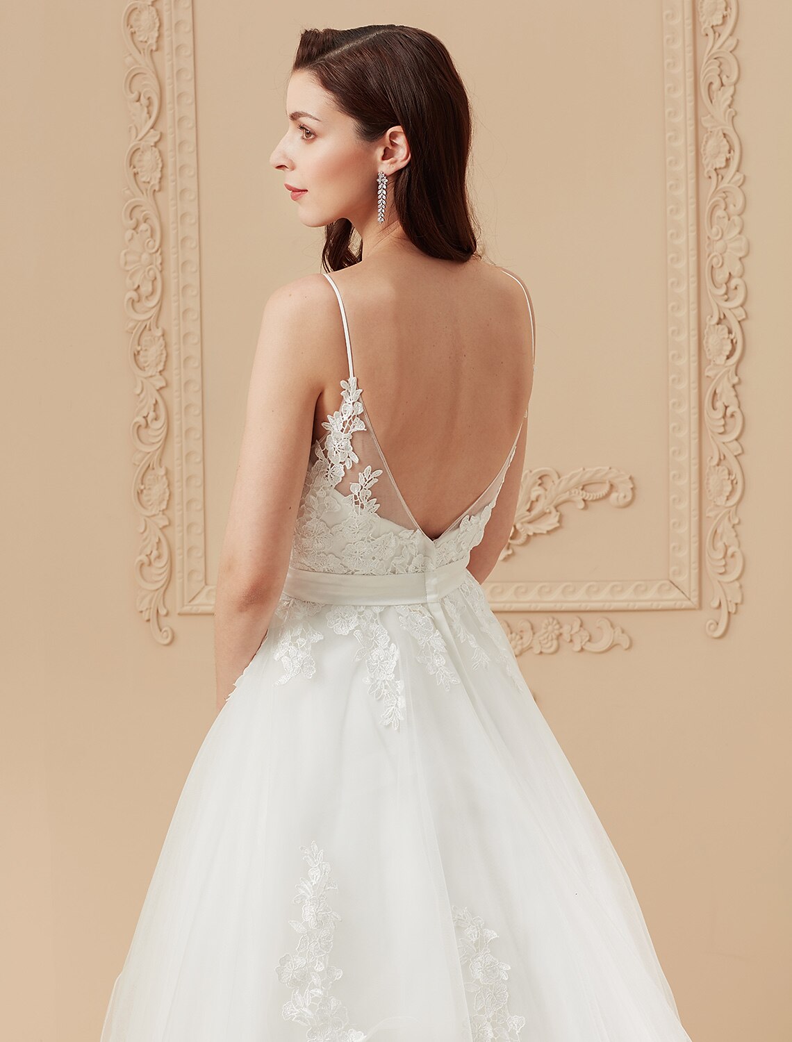 Ball Gown Wedding Dresses V Neck Sweep / Brush Train Satin Tulle Over Lace Spaghetti Strap Romantic Illusion Detail Backless