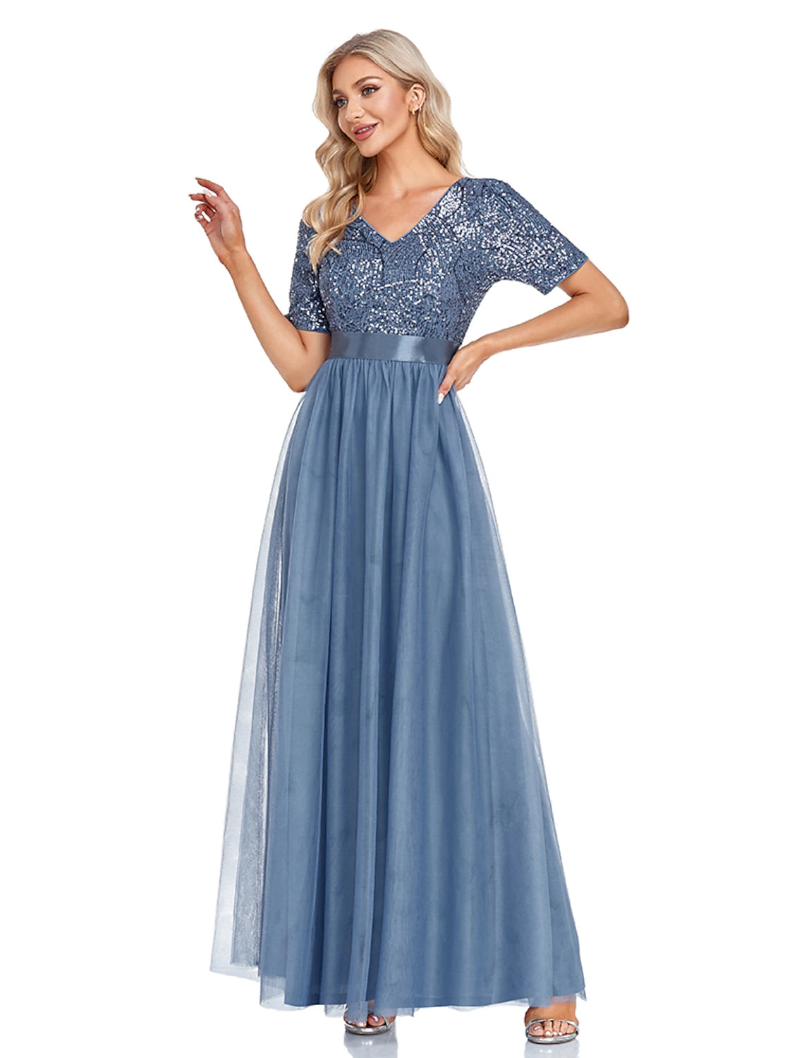 A-Line Evening Gown Elegant Dress Wedding Guest Floor Length Short Sleeve V Neck Tulle with Sequin