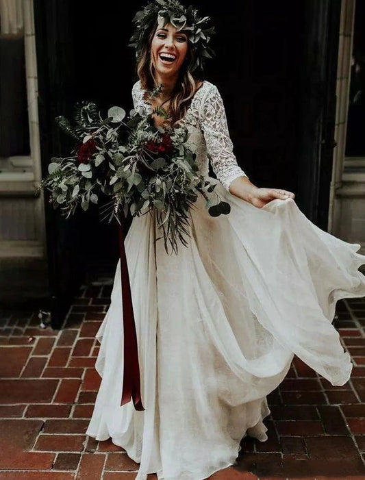 Boho Wedding Dresses Ball Gown V Neck 3/4 Length Sleeve Sweep / Brush Train Chiffon Bridal Suits Bridal Gowns