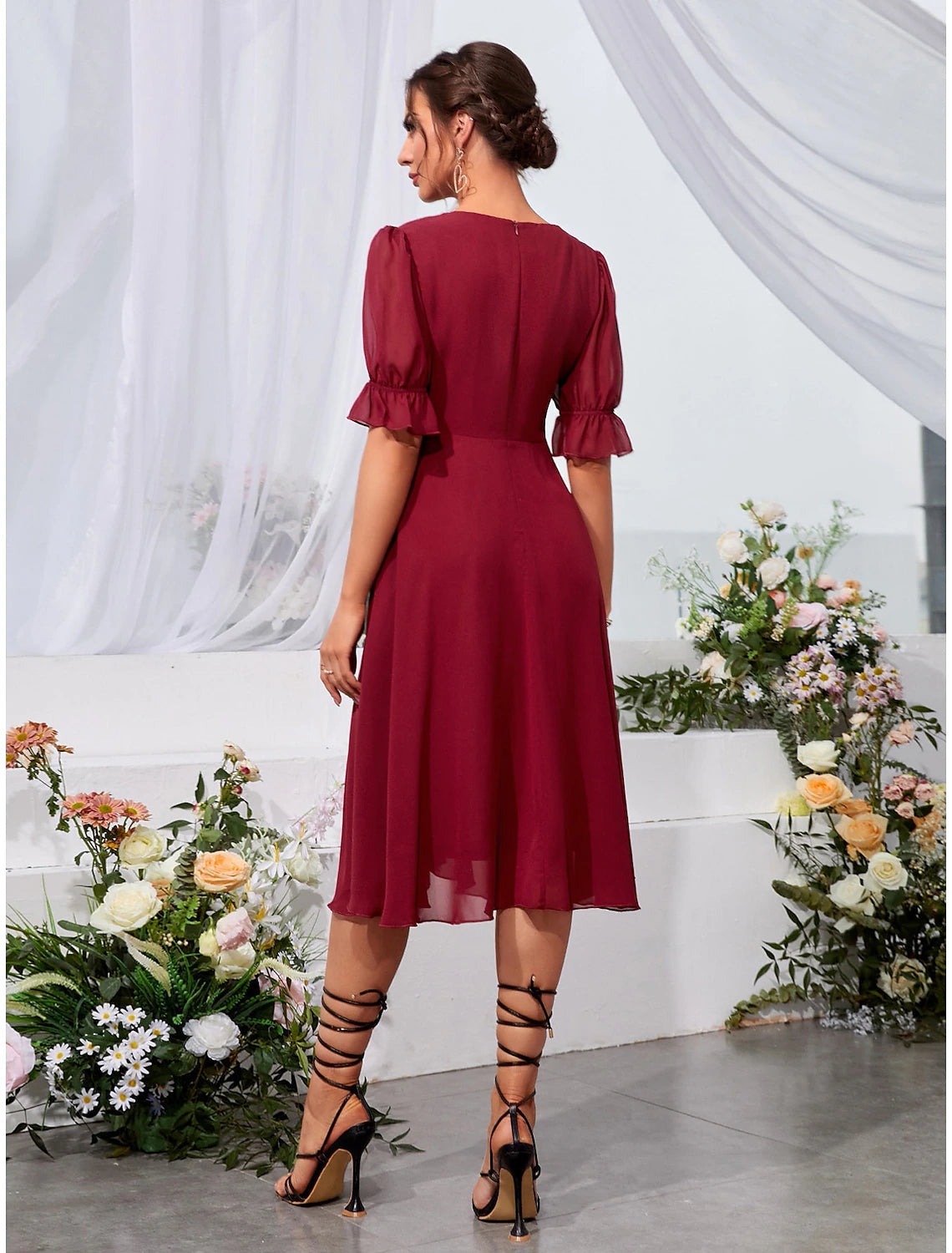 A-Line Wedding Guest Dresses Elegant Dress Holiday Tea Length Half Sleeve Jewel Neck Chiffon