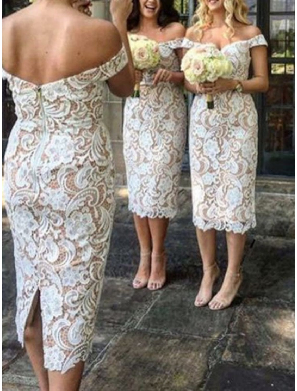 Sheath/Column Off-The-Shoulder Tea-Length Long Bridesmaid Dresses Sexy