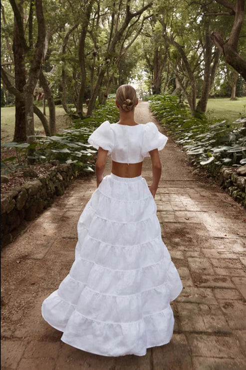 A Line Two Piece Square Neck Satin Long Wedding Dresses Short Sleeve White