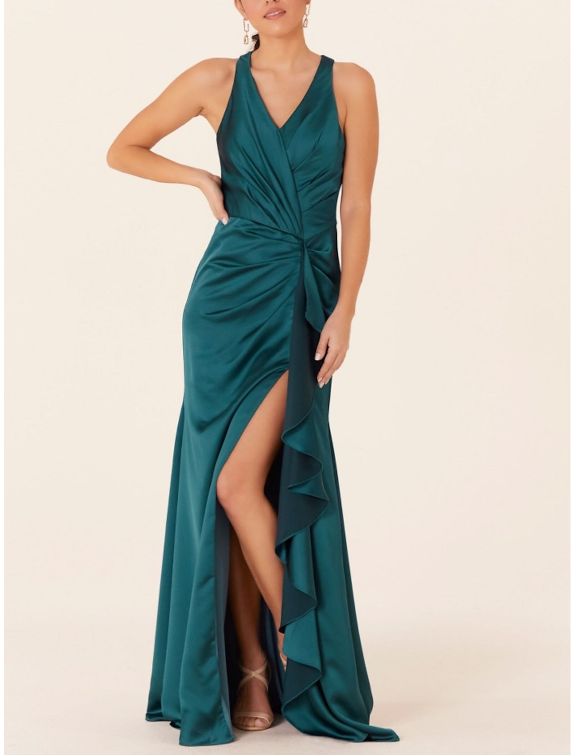A-Line/Princess V-Neck Floor-Length Long Bridesmaid Dresses With Split Side Sexy