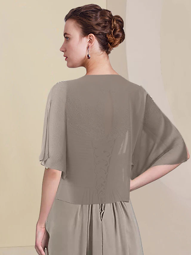 Two Piece A-Line Mother of the Bride Dress Formal Wedding Guest Elegant High Low V Neck Asymmetrical Tea Length Chiffon Lace Half Sleeve Wrap Included with Ruched