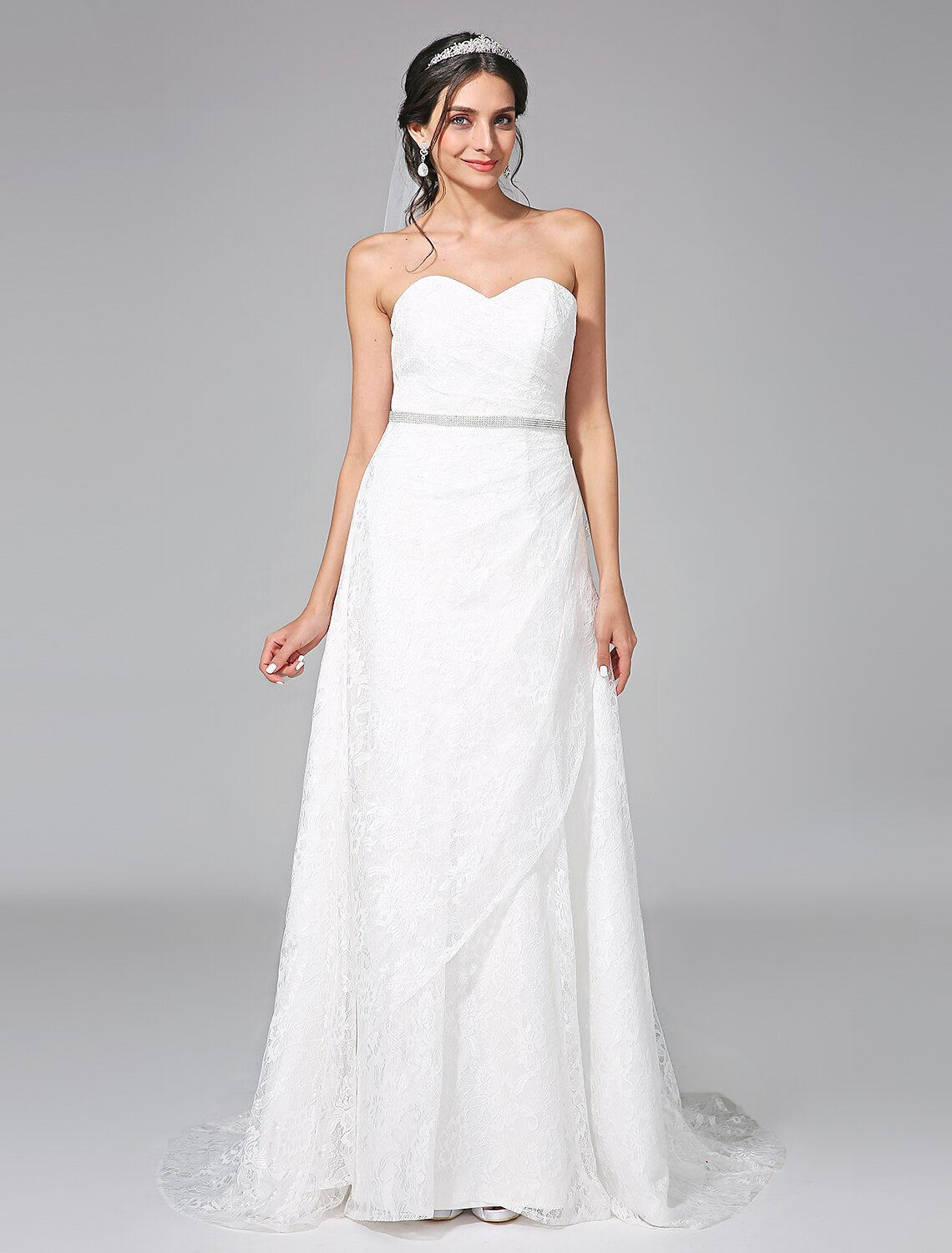 Wedding Dresses A-Line Sweetheart Sleeveless Sweep / Brush Train Lace Bridal Gowns With Sash Side-Draped