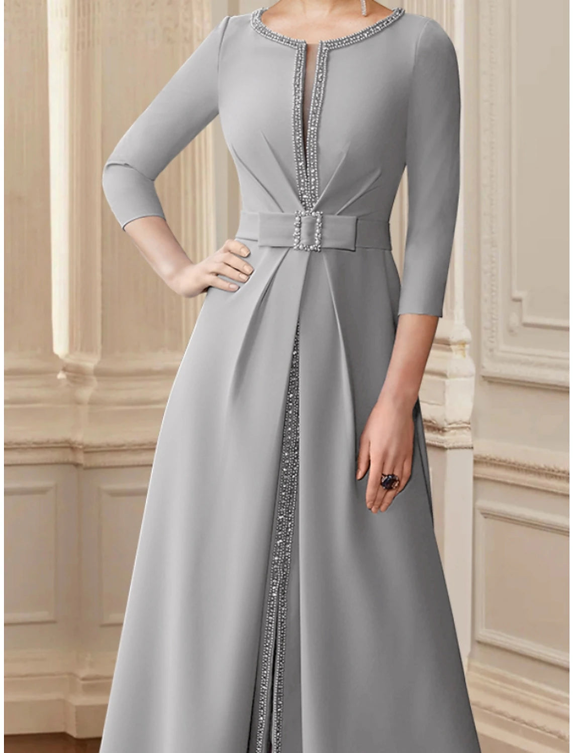 A-Line Mother of the Bride Dress Wedding Guest Elegant Scoop Neck Tea Length Stretch Chiffon 3/4 Length Sleeve with Bow(s) Sequin
