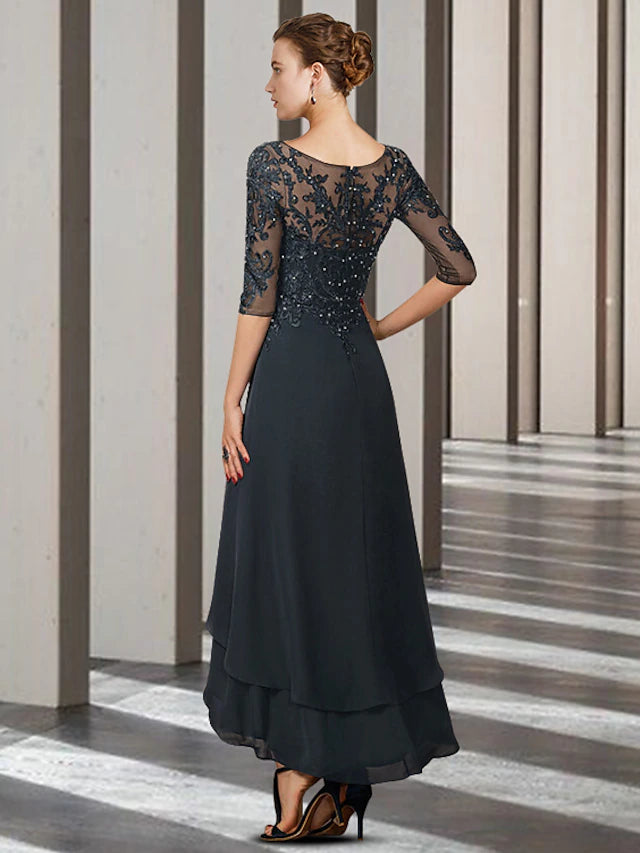 A-Line Mother of the Bride Dress Elegant High Low V Neck Asymmetrical Ankle Length Chiffon Lace Half Sleeve with Beading Ruffles