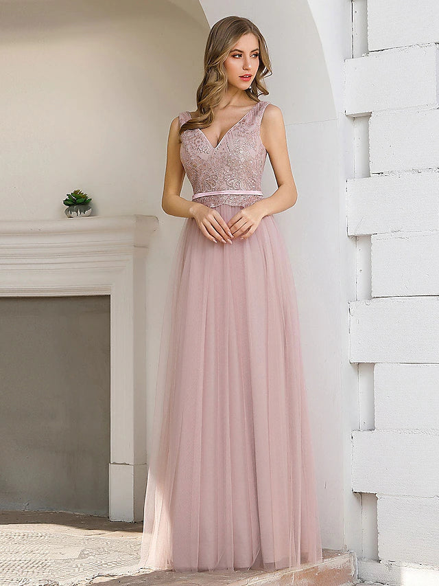 A-Line Evening Gown Elegant Dress Wedding Guest Floor Length Sleeveless V Neck Satin V Back with Sash / Ribbon