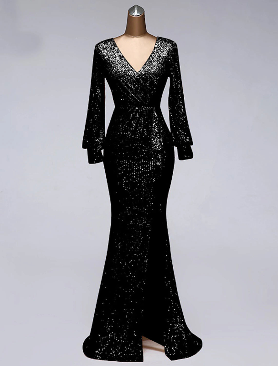 Mermaid / Trumpet Evening Gown Elegant Dress Wedding Guest Floor Length Long Sleeve V Neck Tulle with Sequin