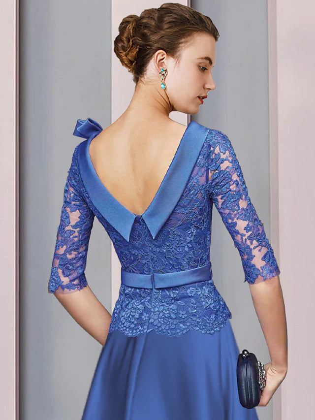A-Line Mother of the Bride Dress Formal Church Party Elegant Jewel Neck Tea Length Satin Lace Half Sleeve with Sash / Ribbon