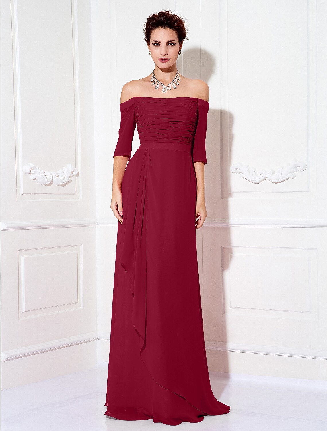 Sheath / Column Minimalist Dress Wedding Guest Formal Evening Sweep / Brush Train Half Sleeve Off Shoulder Bridesmaid Dress Chiffon with Ruched