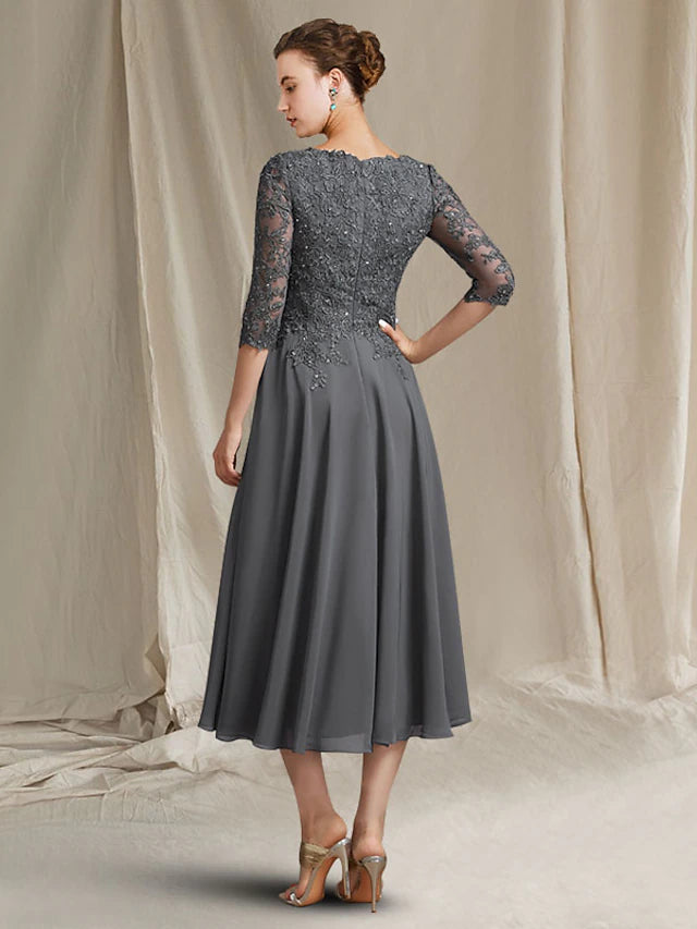 A-Line Mother of the Bride Dress Plus Size Elegant V Neck Tea Length Chiffon Lace 3/4 Length Sleeve