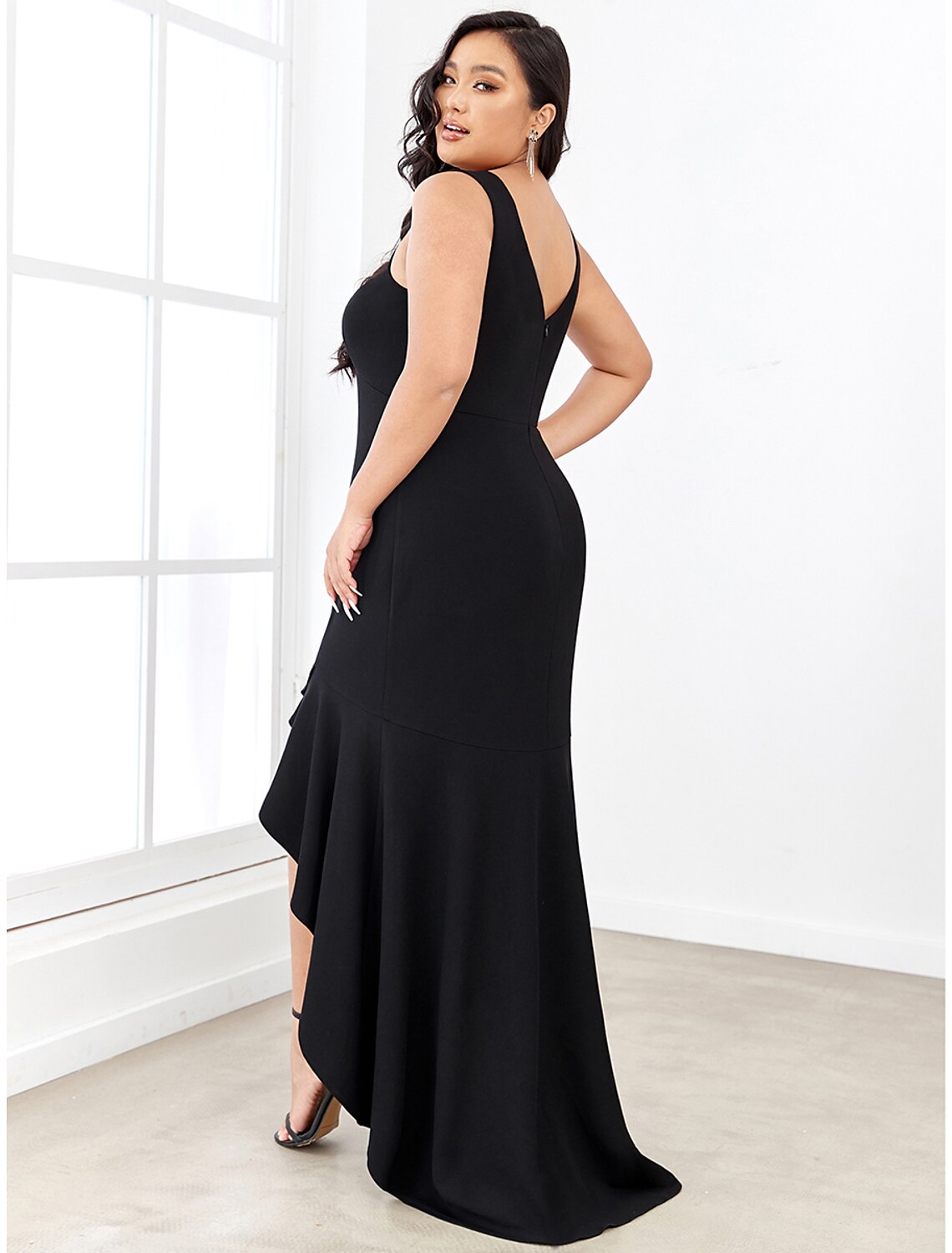 Mermaid / Trumpet Evening Gown Sexy Dress Formal Wedding Guest Asymmetrical Sleeveless V Neck Nylon V Back with Ruffles