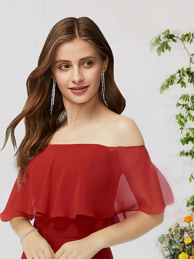 A-Line Bridesmaid Dress Off Shoulder Sleeveless Elegant Floor Length Chiffon